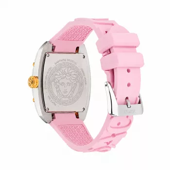 Montre femme à quartz Versace VE8K00224, 45 mm, boîtier en acier inoxydable gris, cadran rose, bracelet en silicone rose