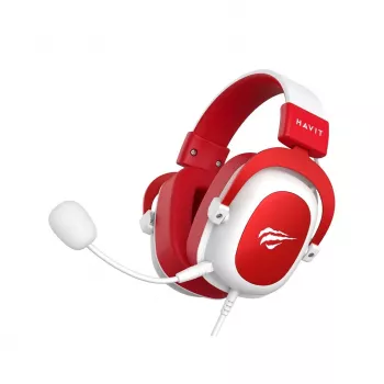 HAV H2002d casque gaming filaire avec transducteurs 50 mm, LED RGB, microphone isolant le bruit, blanc/rouge