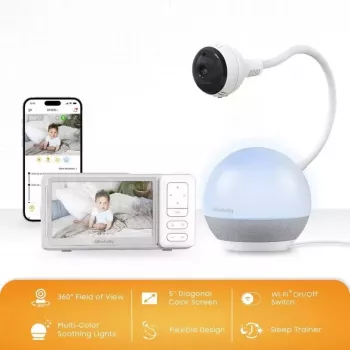Chillax DM 610 babyphone vidéo avec girafe veilleuse d'ambiance - écran LCD couleur 2,8 inch, FHSS 2,4 GHz, portée 300 m, vision nocturne, fonction interphone, capteur de température, berceuses, veilleuse, fixation murale, blanc