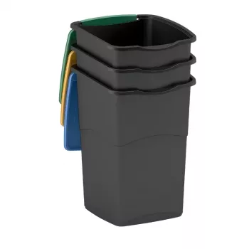 CURVER Koral 47L ensemble de 3 poubelles – Noir avec couvercles multicolores, couvercles basculants et à clapet, seaux intérieurs amovibles, tri sélectif intérieur