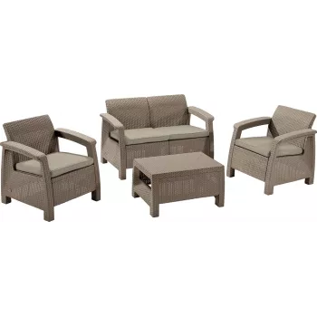 Ensemble de mobilier de jardin KETER Corfu Set 3 pièces beige effet rotin avec coussins gris