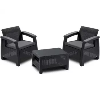 Keter Corfu Weekend 2-Seater Garden Furniture Set with Coffee Table, Grey Rattan Effect