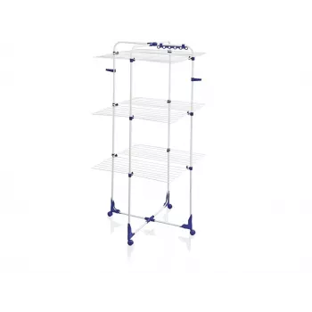 Étendoir à linge LEIFHEIT Classic Tower 340 intérieur/extérieur, pliable, 34 m de longueur de séchage, 3 niveaux, blanc avec accents bleus, roulettes 360°
