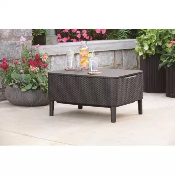 Keter Salemo Outdoor Coffee Table in Beige – Durable Resin Rattan-Look Patio Table