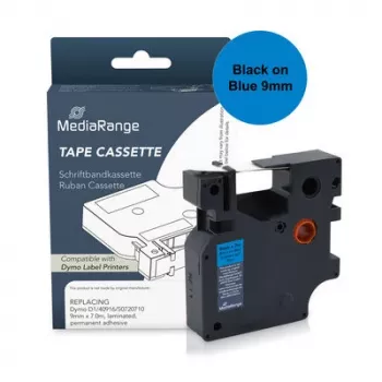MediaRange Plastic Label Tape Cassette for Dymo D1 40916/S0720710, 9 mm x 7 m, Laminated, Permanent Adhesive, Black on Blue (MRDY40916)