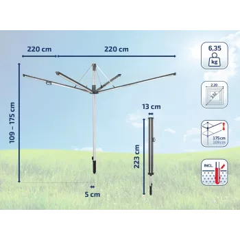 Étendoir parapluie LEIFHEIT Linomatic 600 Plus, 60 m de corde à linge, cadre en aluminium, enroulement automatique du fil, argent/gris