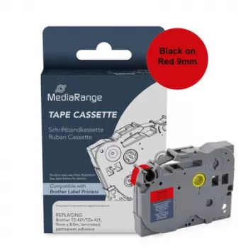 Cartouche de ruban d'étiquetage MediaRange pour Brother TZ-421/TZe-421, 9 mm x 8 m, laminée, adhésif permanent, noir sur rouge (MRBTZ421)