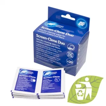 Lingettes AF Screen-Clene Duo - lingettes de nettoyage d'écran humides/sèches, 20 sachets (10 humides + 10 sèches)