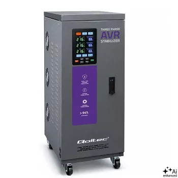 Stabilisateur de tension à servomoteur triphasé Qoltec 20 kVA AVR avec LCD, précision ±3 %, Expert Line