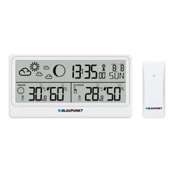 Station météo Blaupunkt WS20WH avec capteur extérieur, LCD couleur, horloge radio DCF, phase de lune, charge USB