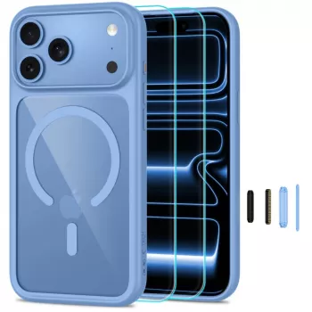 Coque transparente MagSafe TECH-PROTECT MAGONE avec lot de 2 protections d'écran en verre pour iPhone 17 Pro Max / 18 Pro Max – bleu clair