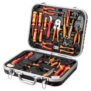 Mallette d'outils électricien NEO TOOLS 25 pièces, outils à main isolés VDE avec testeur de tension, pince à dénuder, pinces, tournevis et accessoires dans une mallette en plastique robuste