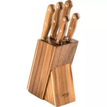 LAMART LT2080 set bloc couteaux en bois d'acacia, 5 couteaux en acier inoxydable