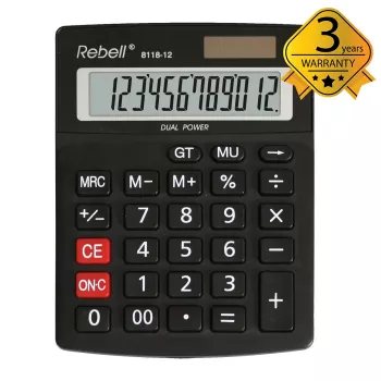 Calculatrice semi-bureau REBELL RE-8118-12 BX, LCD incliné 12 chiffres, double alimentation solaire et pile, noire