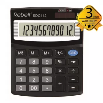 REBELL RE-SDC412 BX calculatrice semi-bureau, écran LCD 12 chiffres, double alimentation, noir