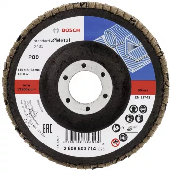 Disque à lamelles Bosch X431 Standard pour métal, droit, 115 mm, grain 80, support en fibre de verre 2608603714