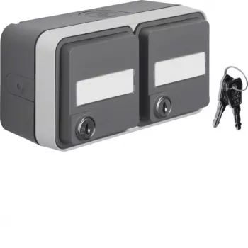 Prise SCHUKO en saillie Hager WNC147, 2 postes, grise, IP44, couvercle rabattable