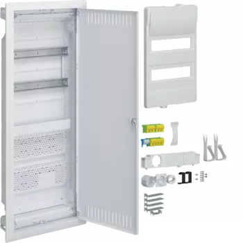 Coffret de distribution encastré HAGER VU602NWH avec prise et porte en acier, 2 rangées, 24 modules, blanc