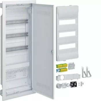 Coffret de distribution encastré HAGER VU603WWH avec prise intégrée et porte en plastique, 3 rangées, 36 modules, blanc