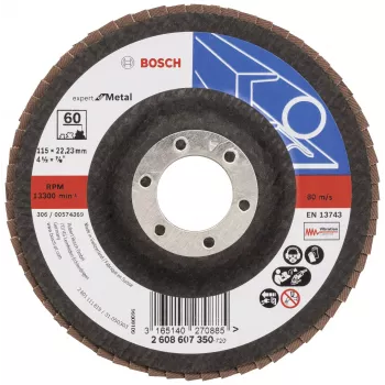 Disque à lamelles Bosch X551 Standard for Metal, diamètre 115 mm, alésage 22,33 mm, grain 60, corindon zirconium, conique, 1 pièce 2608607350