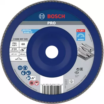 Disque à lamelles Bosch X571 Best for Metal, diamètre 180 mm, alésage 22,33 mm, corindon zirconium, grain K40, conique type 29, pour acier et métaux ferreux 2608607343