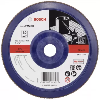 Disque à lamelles Bosch X571 Best for Metal 180 mm, P40, corindon zirconium, alésage 22,23 mm 2608607344