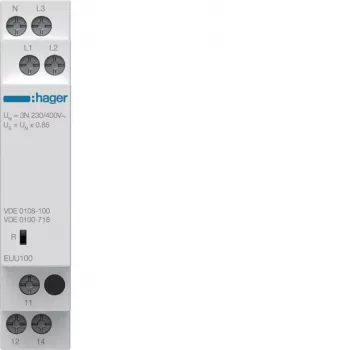 Relais de surveillance de phase Hager EUU100, triphasé, 1 contact inverseur, 3x230/400V AC
