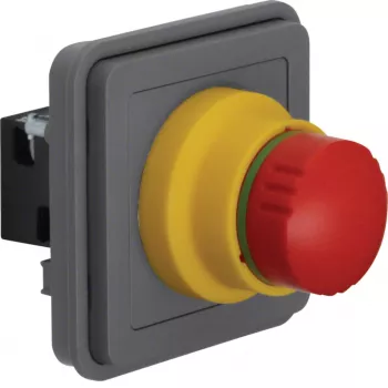 Insert d'arrêt d'urgence Hager WNA033, tête champignon rouge, fond jaune, 1 NC, 250 V AC, 10 A, bornes à vis, montage encastré