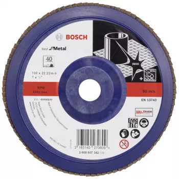 Disque à lamelles Bosch X571 Best for Metal, diamètre 180 mm, alésage 22,23 mm, corindon zirconium, grain 40, 1 pièce 2608607342