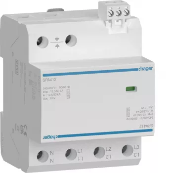 Parafoudre combiné HAGER SPA412 type 1+2+3, 12,5 kA, TNS/TT, 4 pôles, 230/400 V