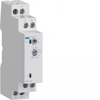 Hager EZF100 relais temporisé multifonction, 230V AC, 8 fonctions, 0,1s-10h, 1 contact CO, rail DIN