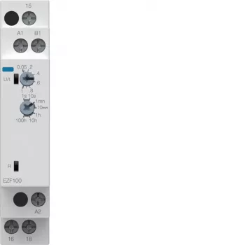 Hager EZF100 relais temporisé multifonction, 230V AC, 8 fonctions, 0,1s-10h, 1 contact CO, rail DIN