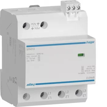 Hager SPA312 Parafoudre type 1+2+3, 3 pôles, 12,5 kA, TN-C, rail DIN