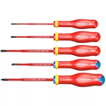 Jeu de 5 tournevis d'électricien isolés VDE 1000 V Facom ATD.J5TVEPB Protwist