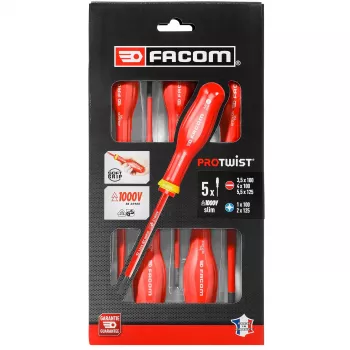 Jeu de 5 tournevis d'électricien isolés VDE 1000 V Facom ATD.J5TVEPB Protwist