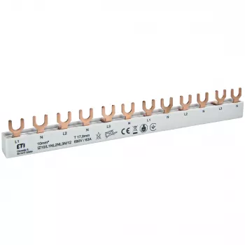 Barre omnibus cuivre ETI 002921268 IZ10/L1NL2NL3N/12 pour ETIMAT 1P+N, 690V, 63A, type fourche