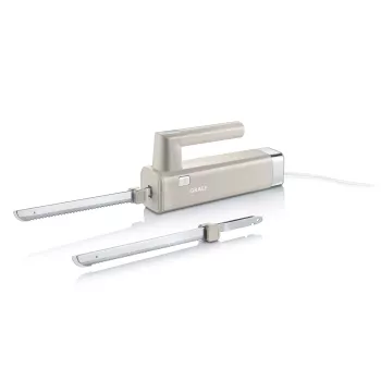 Couteau électrique GRAEF EK508EU 180 W, lames en inox, 2 lames à dents, poignée ergonomique, bloc de rangement en bois, interrupteur de sécurité, câble 1,2 m, blanc