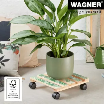 Rouleau à plantes GH0645 WAGNER design yourself, motif bois carré 29 x 8 cm, contreplaqué de bouleau naturel, 4 roulettes pivotantes, charge 100 kg 20064501