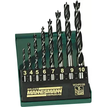 Brüder Mannesmann M54308 ensemble de forets à bois, 8 pièces, 3–10 mm, pointe de centrage, acier au carbone, coffret en plastique