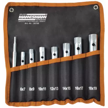 Jeu de 8 clés à douille Brüder Mannesmann M26708, acier chrome-vanadium, tailles 6x7 à 20x22 mm, DIN 896 forme B, dans support plastique