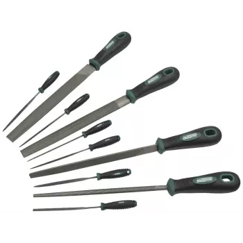 Ensemble de limes d'atelier BRÜDER MANNESMANN GREEN LINE 10 pièces, 200 mm, taille 2, avec manche et brosse métallique, emballage blister (M61015)