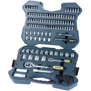 Jeu de 115 douilles BRÜDER MANNESMANN entraînement 1/2 inch et 1/4 inch avec cliquets réversibles, acier CrV, tailles métriques, embouts, rallonges, joints universels, dans coffret (98415)