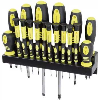 Jeu de tournevis Mannesmann 18 pièces avec lames plates, cruciformes, Pozidriv et Torx en coffret de rangement