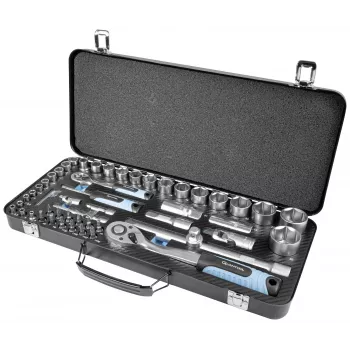 Ensemble de 65 douilles Brüder Mannesmann Q25010, entraînement 1/4 inch & 1/2 inch, acier chrome-vanadium, douilles 6 pans, cliquets réversibles à denture fine, dans mallette en plastique