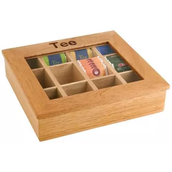 Boîte à thé en bambou brun clair APS avec fenêtre de visualisation transparente, 9 compartiments, 31 x 28 x 9 cm 11775