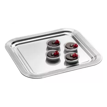 APS CLASSIC Rectangular Serving Plate 354 x 325 mm Silver Nickel- and Chrome-Plated Metal with Lines (1 pc)