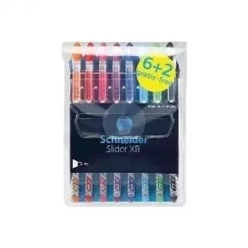Ensemble de stylos à bille Schneider Slider Basic, 8 couleurs assorties, pointe extra-large 1,4 mm, technologie Viscoglide, zone de préhension ergonomique en caoutchouc, clip en acier inoxydable 151298