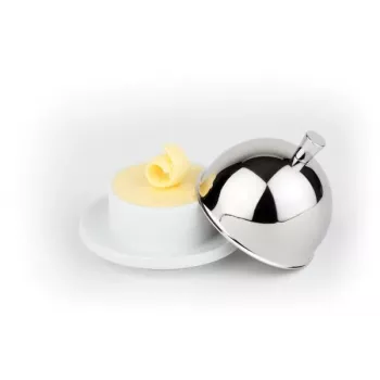 Beurrier APS, coupelle en porcelaine avec couvercle en acier inoxydable 18/8, 180 x 130 x 70 mm, blanc/argent, 1 pièce 15921