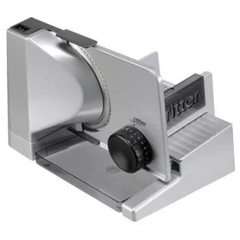 Trancheuse ritter solida 4 avec moteur ECO, version tout métal, inclinée – réglage de l'épaisseur de coupe jusqu'à env. 23 mm – interrupteur de sécurité momentané et continu – chariot à faible frottement avec plateau en acier inoxydable – made in Allemagne (554.070)