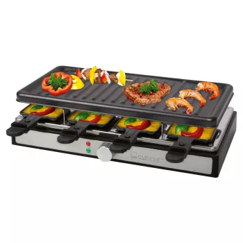 Clatronic RG 3757 appareil à raclette et grill, rectangulaire, plaque de grill striée 42x21 cm, 8 poêlons à raclette, 1400 W, acier inoxydable/plastique 263946